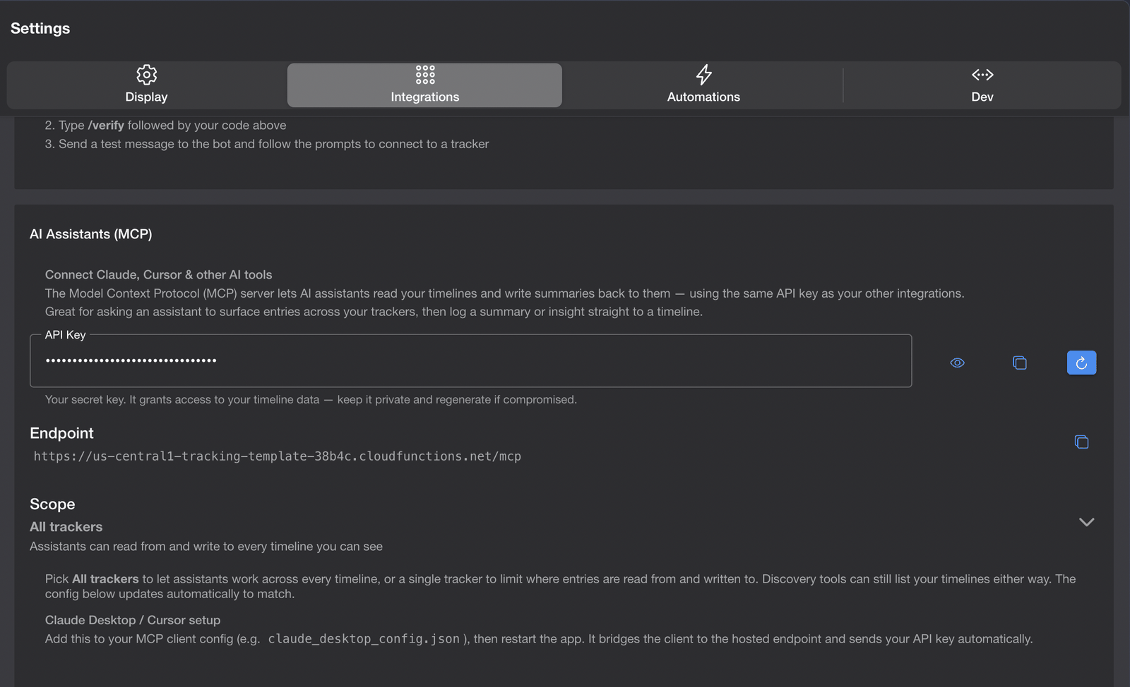 The AI Assistants (MCP) panel in jotsum's Integrations settings, showing the API key field, the MCP endpoint URL, and the tracker scope selector set to All trackers.