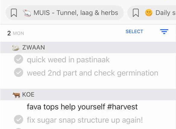 A jotsum day view showing a Monday's work across two of Pluk Farm's growing zones, with jobs ticked off and a shared note left on the harvest.