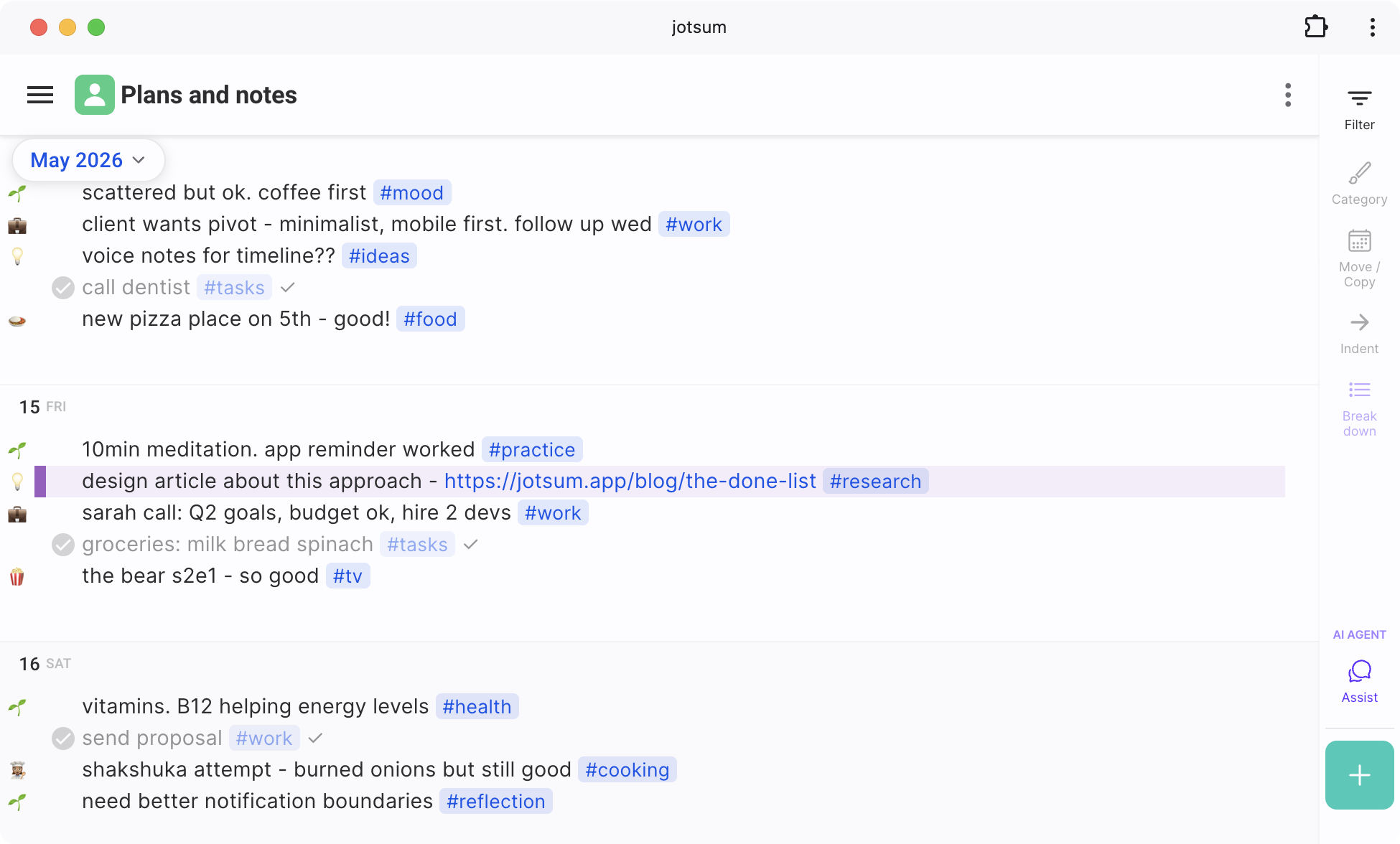 jotsum desktop timeline showing a week of captured notes, tasks, ideas and links
